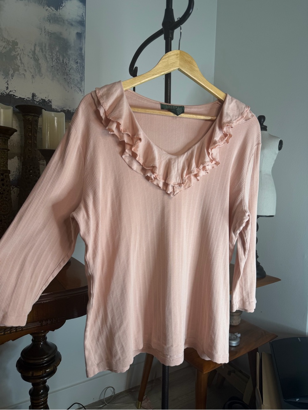 Ralph Lauren Pink Ruffle V-Neck Long Sleeve Top